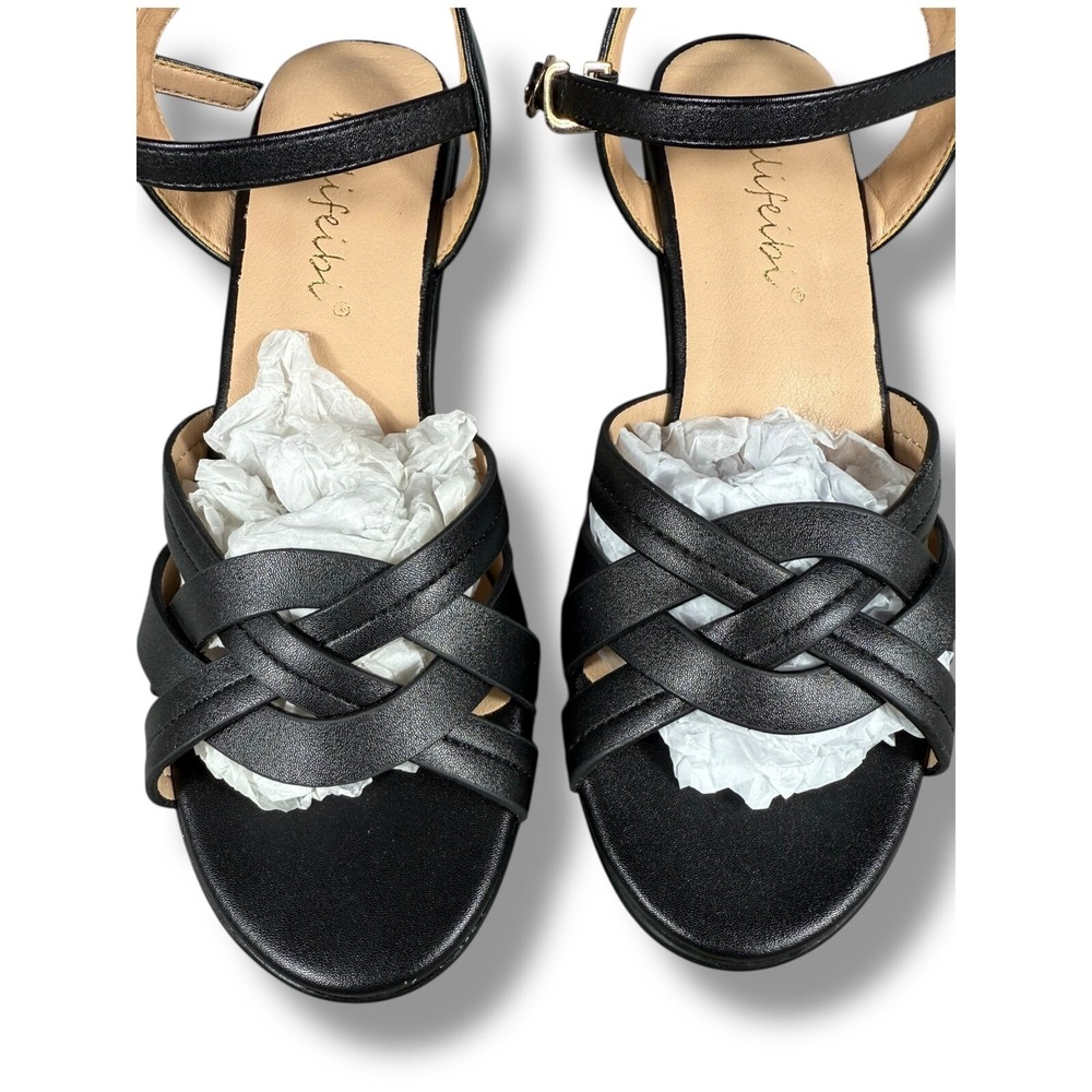 Bailifeibi Platform Strappy Sandals Ankle Strap Woven Block Heel Black Size 6 - Picture 13 of 15